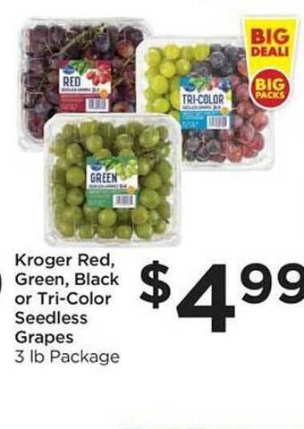Food 4 Less Kroger red, green, black or tri-color seedless grapes offer