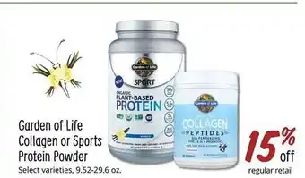 Sprouts Farmers Market Garden of life collagen or sports protein powder offer