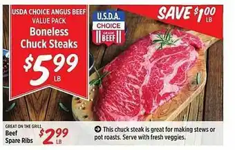 Rouses Usda choice angus beef boneless chuck steaks or beef spare ribs offer