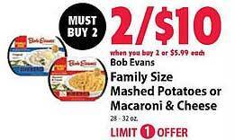 Festival Foods Bob evans family size mashed potatoes or macaroni & cheese offer