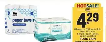 Food Lion 6 mega or 12 double rolls bath tissue or 6 rolls paper towels food lion offer