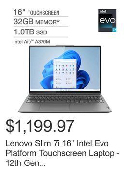 Costco Lenovo slim 7i 16" intel evo platform touchscreen laptop - 12th gen intel core i7-12700h - intel arc a370m graphics - 144hz - offer