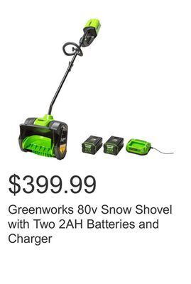 Costco Greenworks 80v snow shovel with two 2ah batteries and charger offer