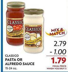 Reasors Classico pasta or alfredo sauce offer