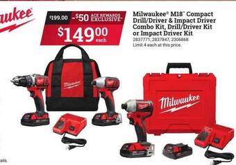 Ace Hardware Milwaukee m18 compact drill-driver & impact driver combo kit, drill-driver kit or impact driver kit offer