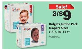 Family Dollar Kidgets jumbo pack diapers sizes offer
