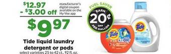 Hy-Vee Tide liquid laundry detergent or pods offer