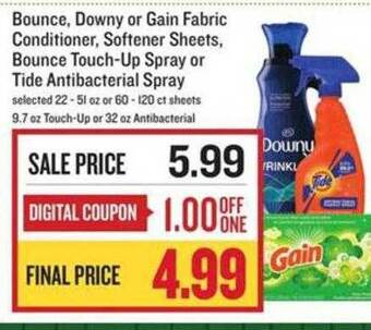 Lowes Foods Bounce, downy or gain fabric, conditioner, softener sheets, touch-up spray or tide antibacterial spray offer
