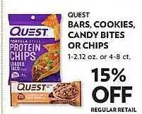Quest bars, cookies, candy bites or chips