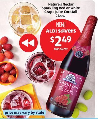 Aldi Nature's nectar sparkling red or white grape juice cocktail offer
