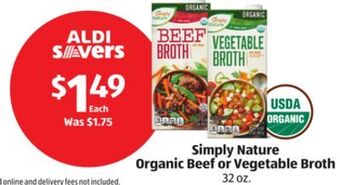 Aldi Simply nature organic beef or vegetable broth offer