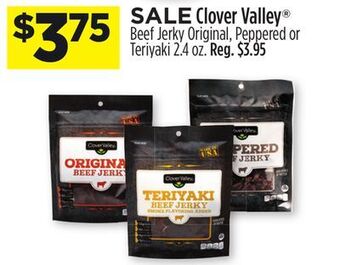 Dollar General Clover valley® beef jerky original, peppered or teriyaki offer
