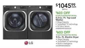 Nebraska Furniture Mart Lg 5.2-cu. ft. top-load washer and 9-cu. ft. electric dryer offer
