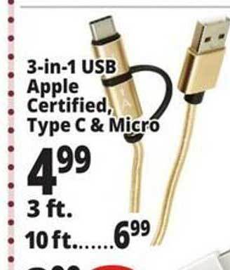 Ocean State Job Lot 3-in-1 usb apple certified, type c & micro offer