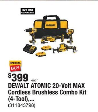 The Home Depot Dewalt atomic 20-volt max cordless brushless combo kit (4-tool), (2) 2.0 ah batteries, charger & bag offer