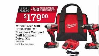 Ace Hardware Milwaukee m18 redlithium brushless compact drill & impact driver kit offer