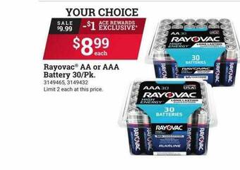 Ace Hardware Rayovac aa or aaa battery 30 pk. offer