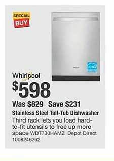 The Home Depot Whirlpool stainless steel tall-tub dishwasher offer