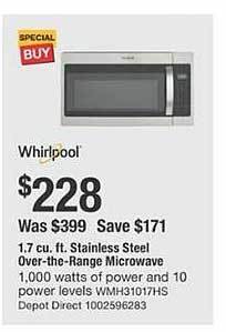 The Home Depot Whirlpool 1.7 cu. ft. stainless steel over-the-range microwave offer