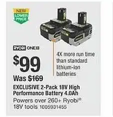 The Home Depot Ryobi exclusive 2-pack 18v high performance battery 4.0ah offer