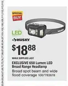 The Home Depot Husky exclusive 650 lumen led broad range headlamp offer