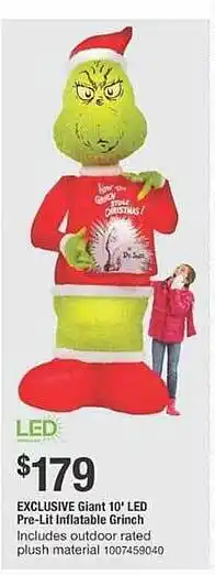 The Home Depot Exclusive giant 10' led pre-lit inflatable grinch offer