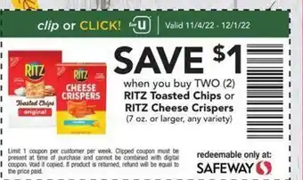 Safeway Ritz toasted chips or cheese crispers offer
