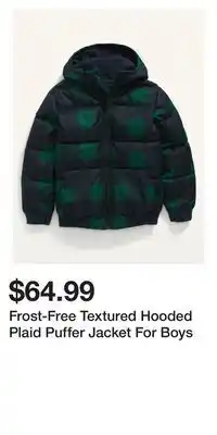 Old Navy Frost-free textured hooded plaid puffer jacket for boys offer