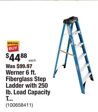 The Home Depot Werner 6 ft. fiberglass step ladder with 250 lb. load capacity type i duty rating offer