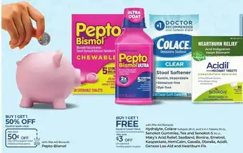 Rite Aid Pepto-bismol, hydralyte, colace, senokot gummies, tea and senokot-s, maty's acid relief, seaband, bonine, emetrol, kaopectate offer