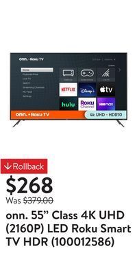 Walmart Onn. 55" class 4k uhd (2160p) led roku smart tv hdr (100012586) offer