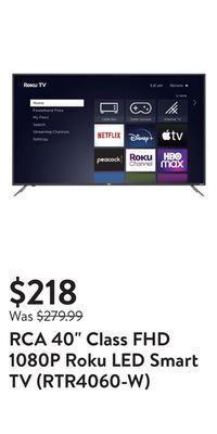 Walmart Rca 40" class fhd 1080p roku led smart tv (rtr4060-w) offer