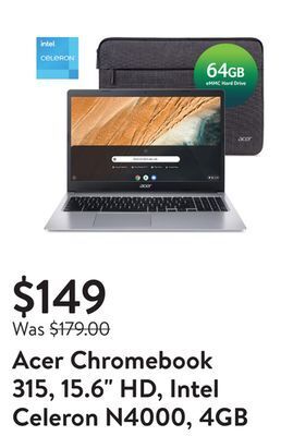 Walmart Acer chromebook 315, 15.6" hd, intel celeron n4000, 4gb lpddr4, pure silver, chrome os, cb315-3h-c19a offer