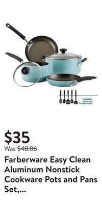 Walmart Farberware easy clean aluminum nonstick cookware pots and pans set, 11-piece, aqua offer