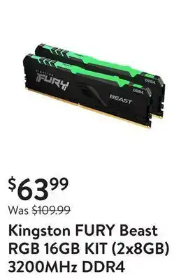 Walmart Kingston fury beast rgb 16gb kit (2x8gb) 3200mhz ddr4 desktop memory kf432c16bbak2/16 offer