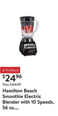 Walmart Hamilton beach smoothie electric blender with 10 speeds, 56 oz. bpa-free plastic jar, model 50190 offer