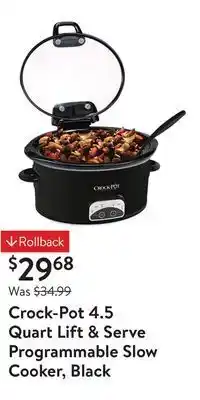 Walmart Crock-pot 4.5 quart lift & serve programmable slow cooker, black offer