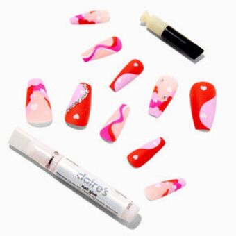 Claire's Swirl heart bling tip squareletto vegan faux nail set - 24 pack offer
