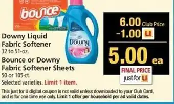 Safeway Downy Liquid Fabric Softener 32-51 oz, Bounce or Downy Fabric Softner Sheets offer