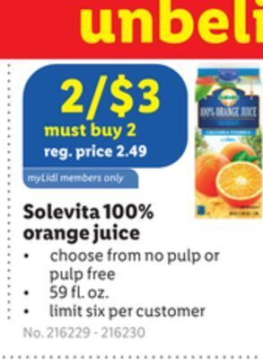 Lidl Solevita 100% orange juice offer