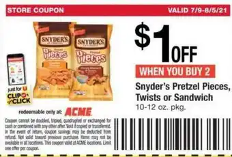 ACME Snyder's Pretzel Pieces, Twist Or Sandwich offer