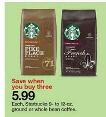 Target Starbucks 9- To 12-oz Ground Or Whole Bean Coffee offer