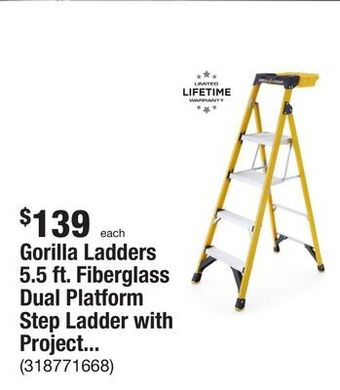 The Home Depot Gorilla ladders 5.5 ft. fiberglass dual platform step ladder with project bucket (10 ft. reach), 300 lbs. capacity type ia du offer