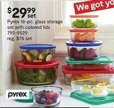 JC Penney Pyrex 18-pc glass storage set with colored lids offer