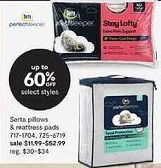 JC Penney Serta pillows & mattress pads offer