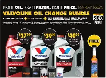 Advance Auto Parts 5 quarts of valvoline high mileage, full synthetic or full synthetic high mileage motor oil and any fram titanium, purolatorb offer