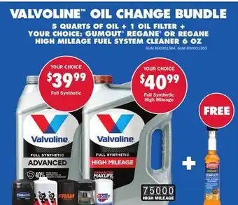 Carquest Valvoline™ oil change bundle 5 quarts of oil + 1 oil filter + your choice: gumout® regane® or regane high mileage fuel system offer