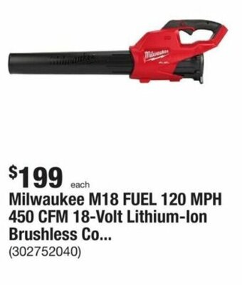 The Home Depot Milwaukee M18 Fuel 120 MPH 450 CFM 18-Volt Lithium -Ion Brushless Co... offer