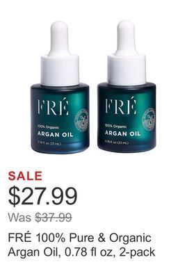 Costco Fré 100% pure & organic argan oil, 0.78 fl oz, 2-pack offer