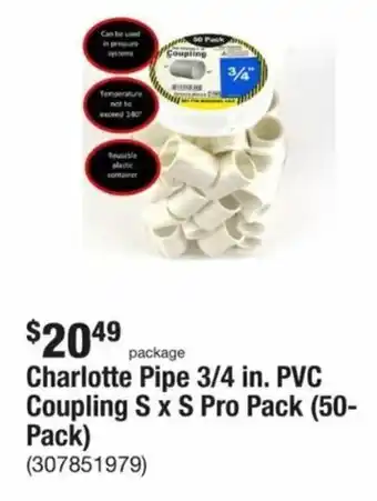 The Home Depot Charlotte Pipe 3/4 in. PVC Coupling S x S Pro Pack (50-Pack) offer